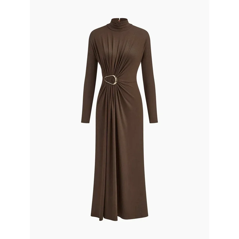 Commense Brown‎ Turtleneck Maxi Dress with Gold Ring Detail Long Sleeve Size M